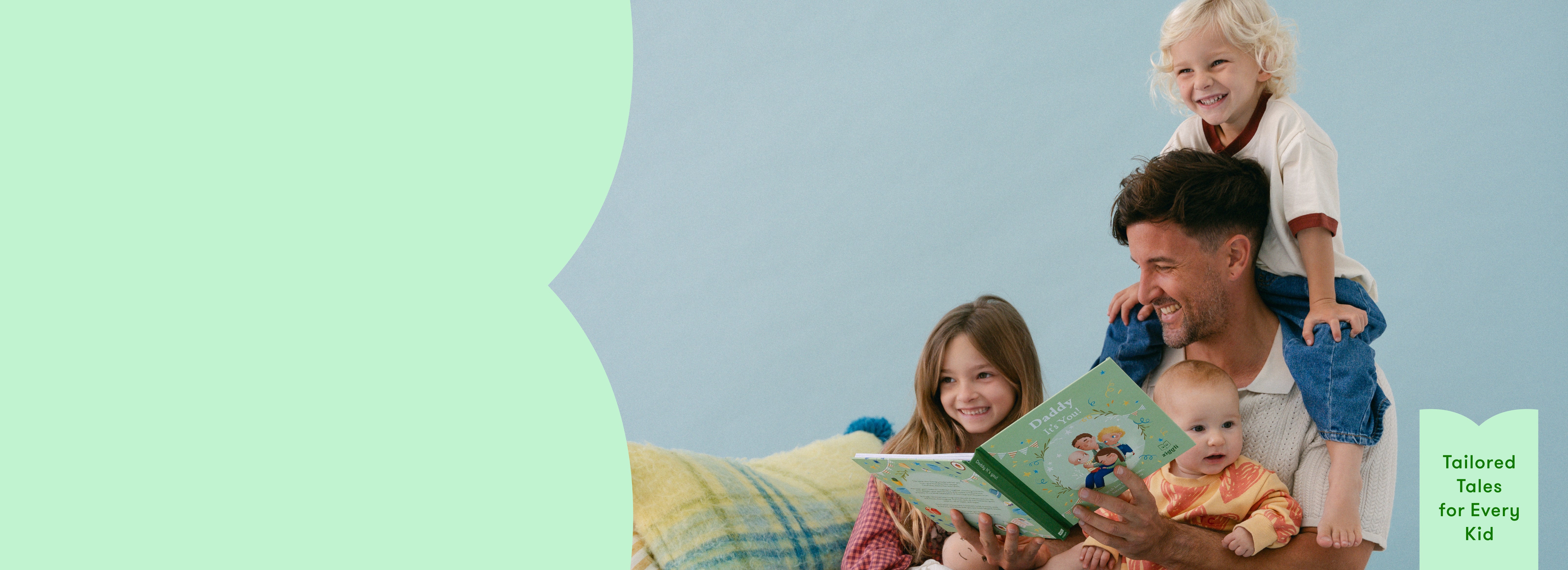 Family reading a personalised book together on a couch with a light blue and green gradient background.