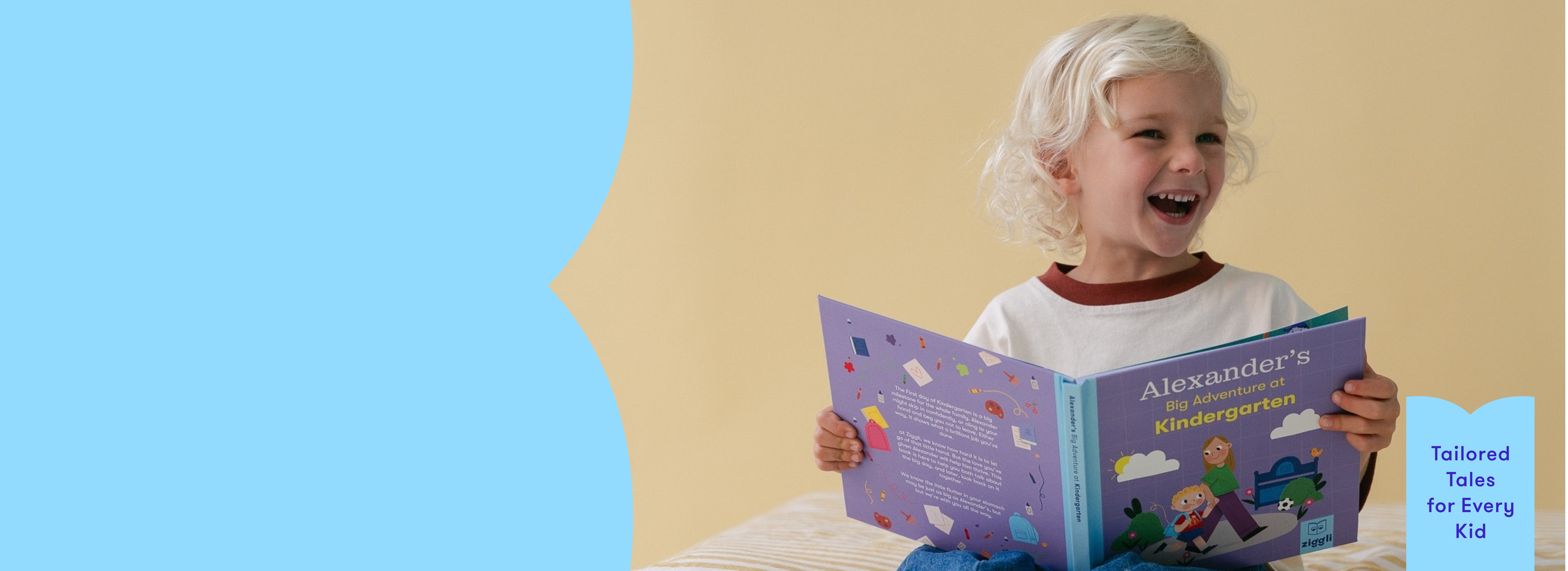 Child holding a personalised children's book titled 'Alexander's Monster Adventure' against a colorful background
