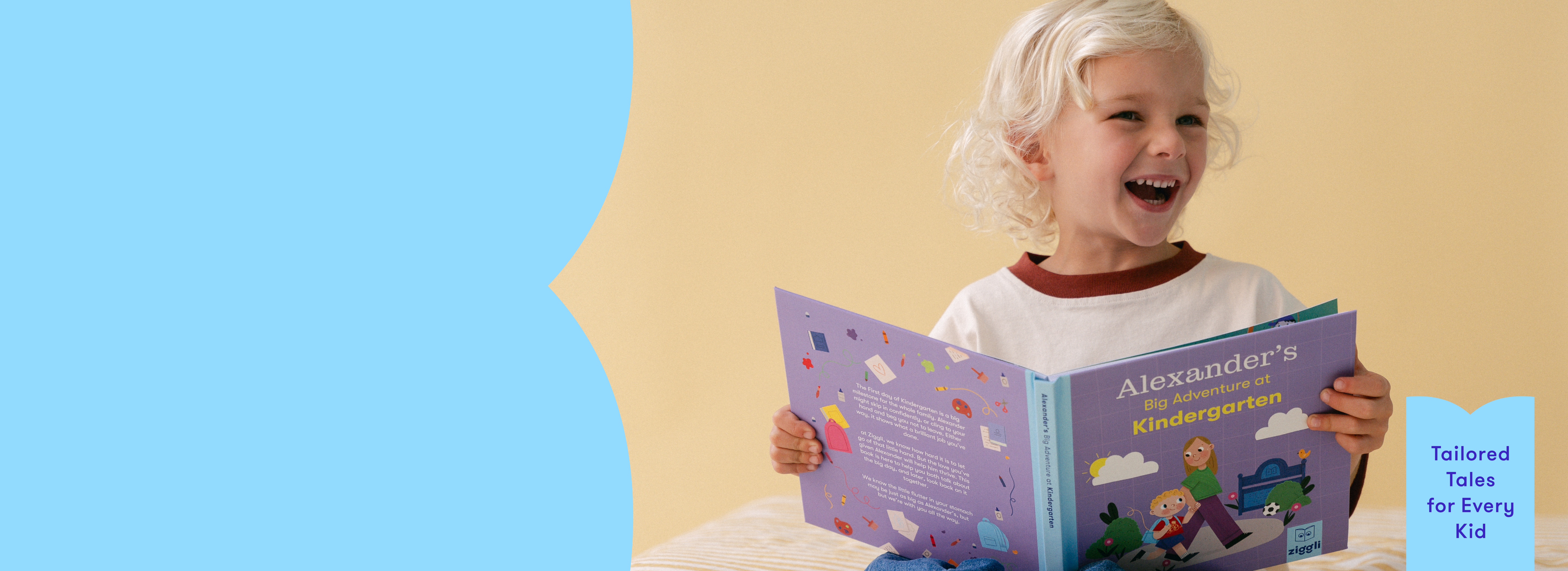 Child reading a personalised book titled 'Alexander's Kindergarten' with a blue and beige background
