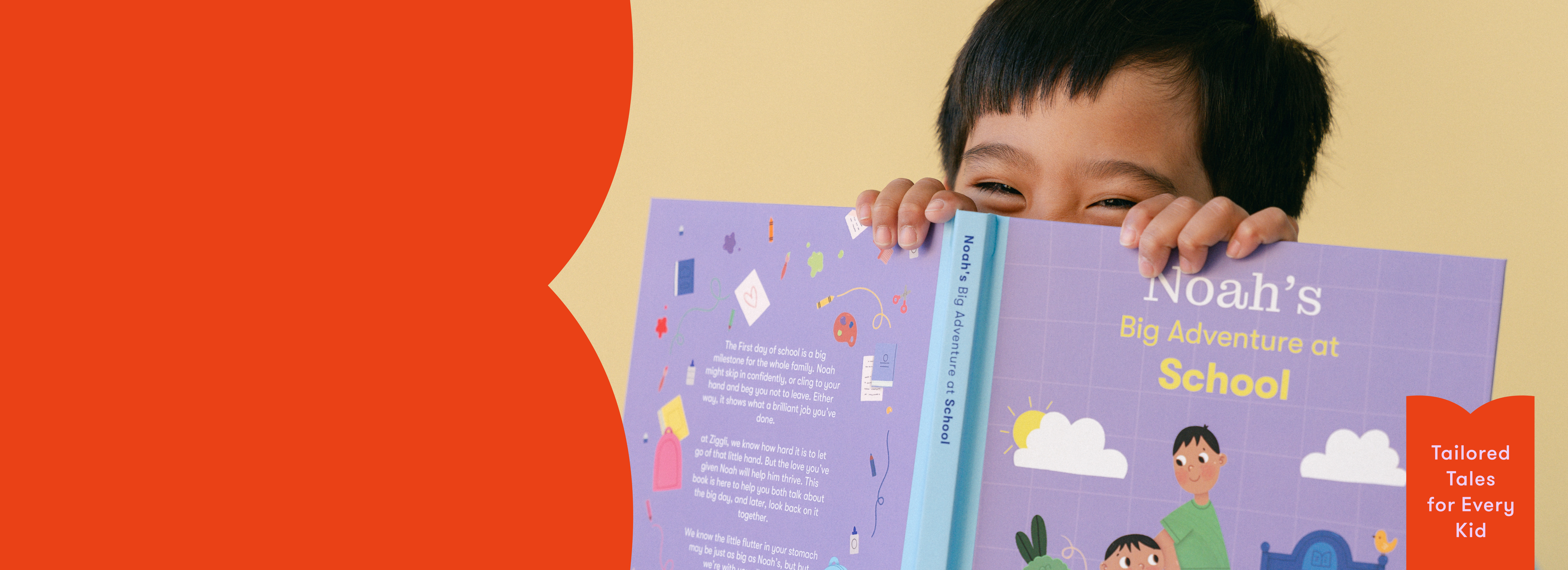 Child holding a personalised children's book titled 'Noah's Big Adventure at School' with a colorful cover.