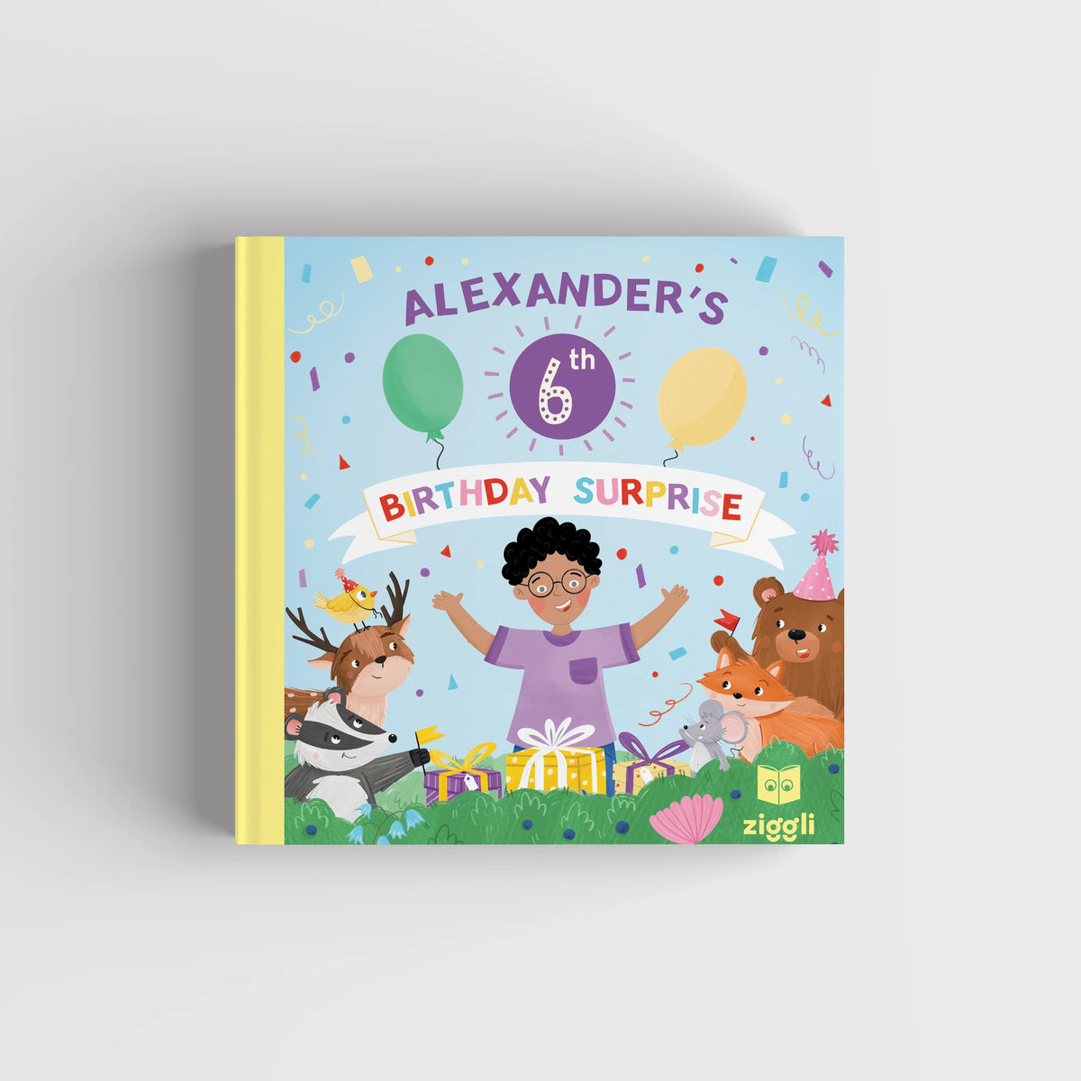 Birthday Surprise personalised children's book cover showing woodland animal friends celebrating a birthday party