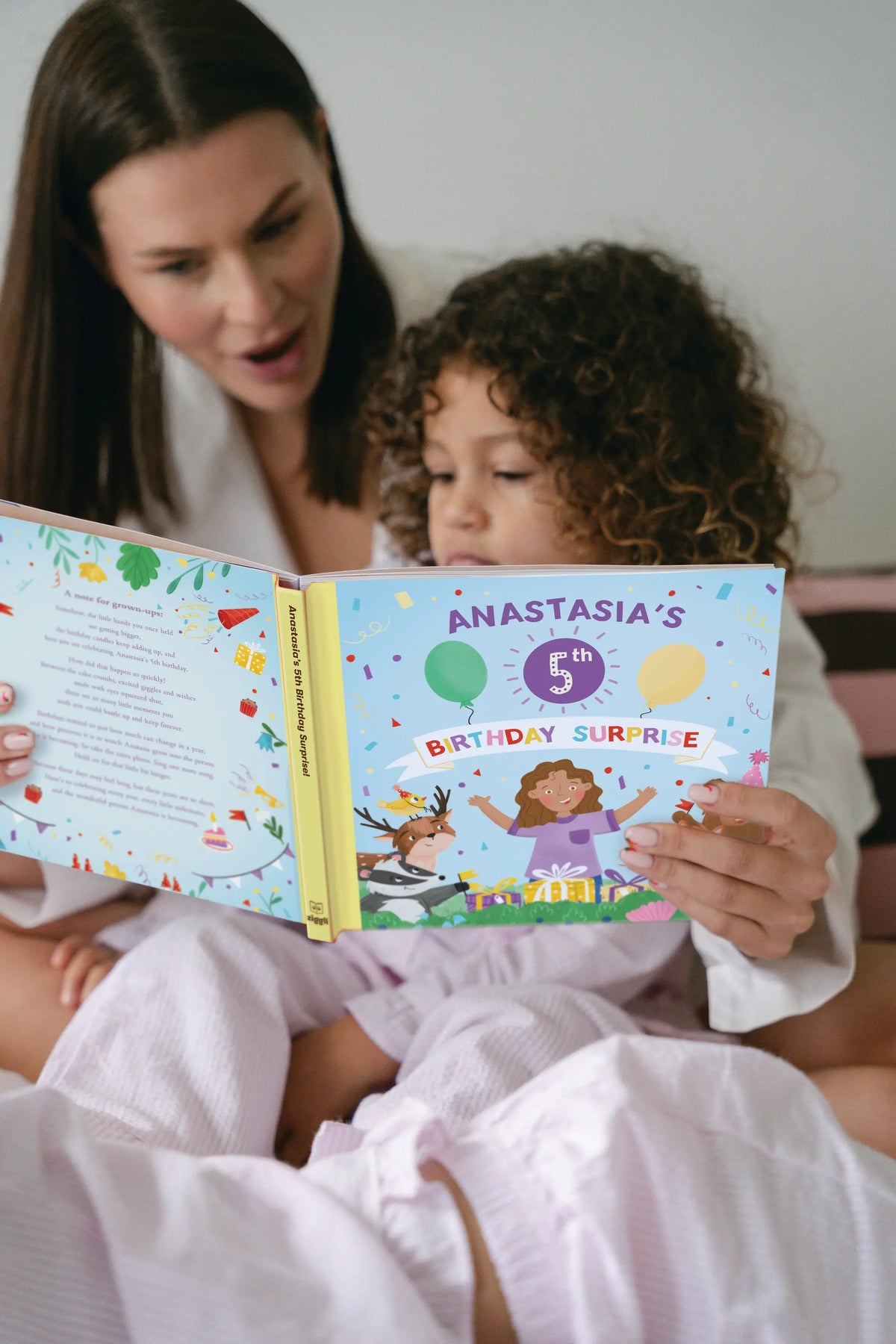 Cover of Birthday Surprise book showing personalised name, age and a parent's note for grown ups