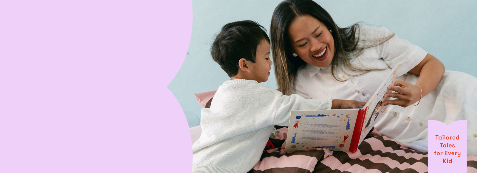 Woman and child reading a personalised book together on a light blue and pink gradient background